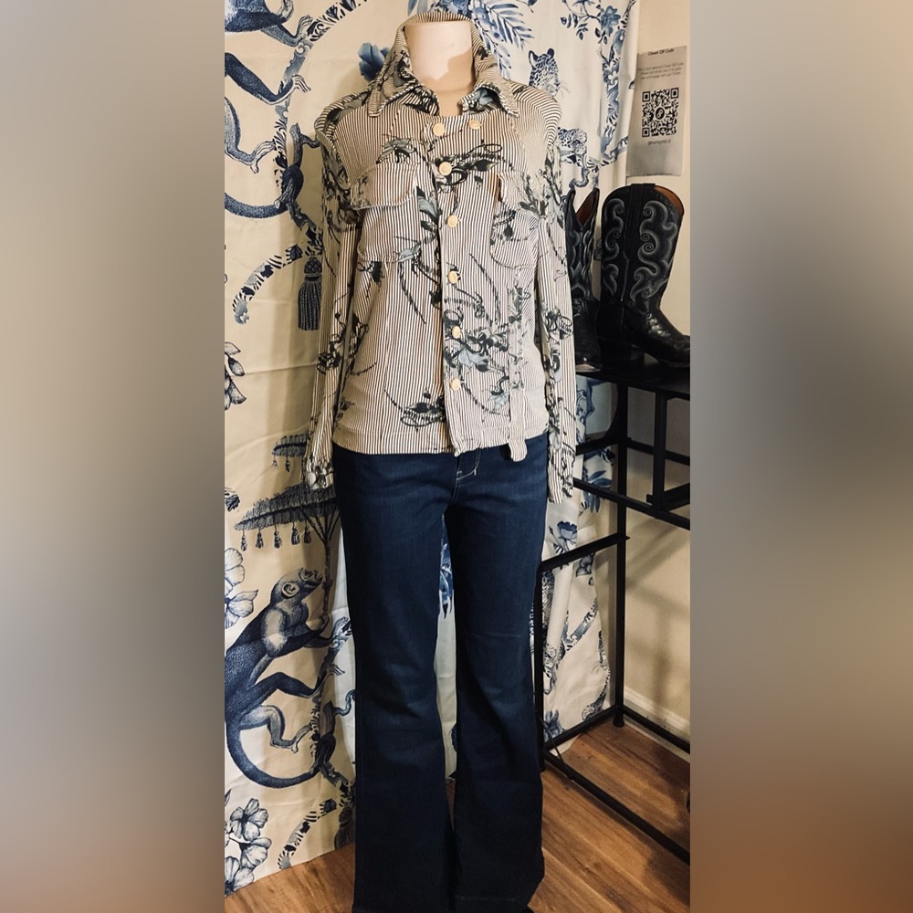 Diesel Blue & Cream Striped Floral Knit Wooden Button Jacket w Pockets